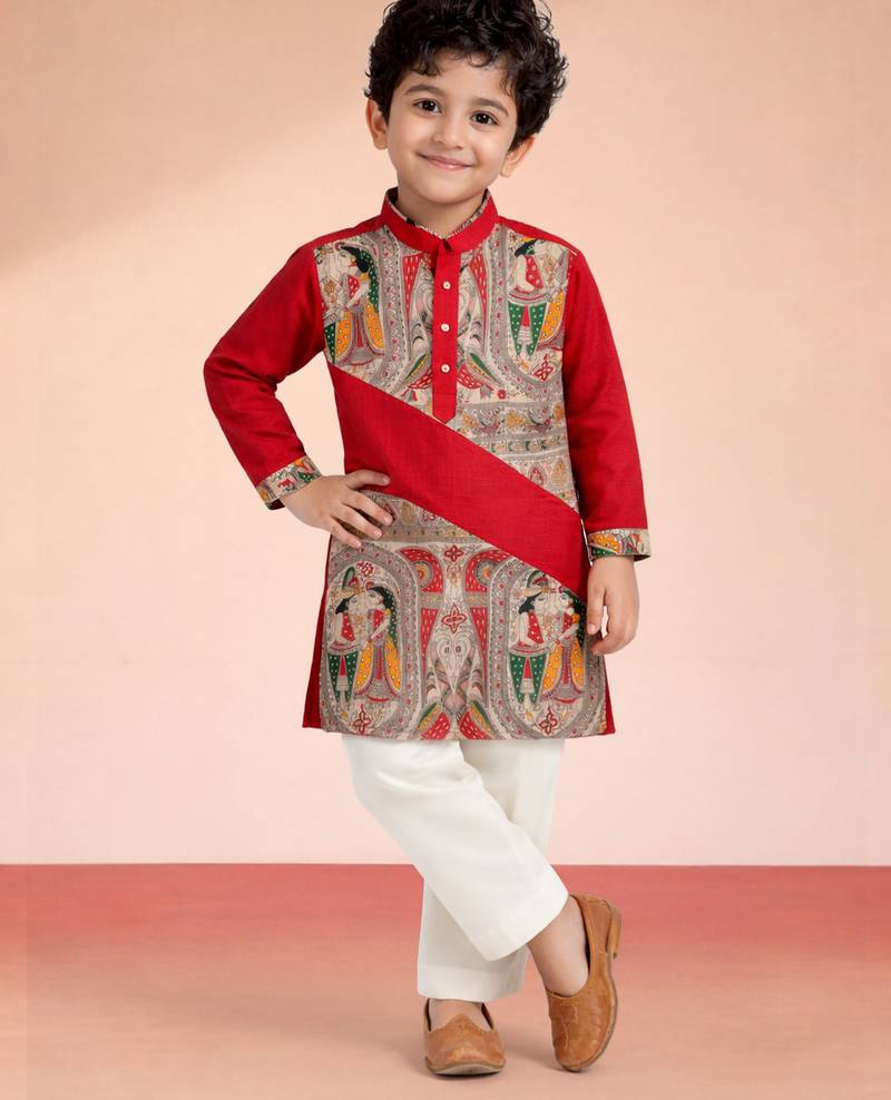 Boys red cotton digital print kurta & pyjama set