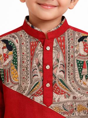Boys red cotton digital print kurta & pyjama set 2