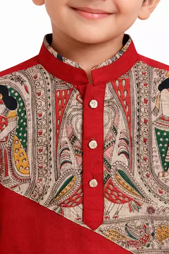 Boys red cotton digital print kurta & pyjama set