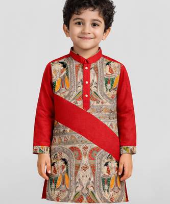 Boys red cotton digital print kurta & pyjama set 3