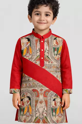 Boys red cotton digital print kurta & pyjama set