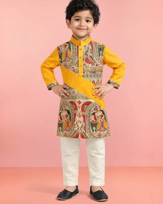 Boys yellow cotton printed kurta pyjama set 1