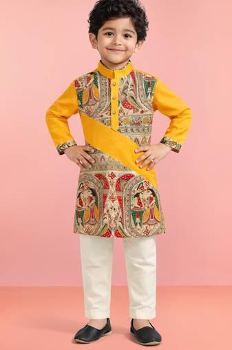 Boys yellow cotton printed kurta pyjama set