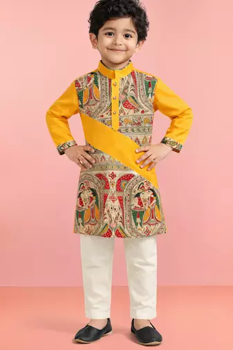 Boys yellow cotton printed kurta pyjama set