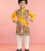 Boys yellow cotton printed kurta pyjama set
