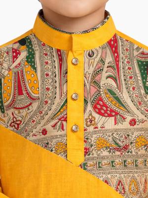 Boys yellow cotton printed kurta pyjama set 2