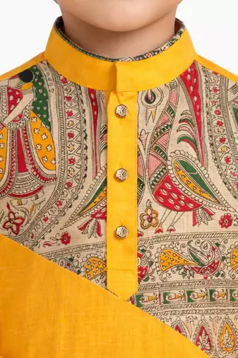 Boys yellow cotton printed kurta pyjama set