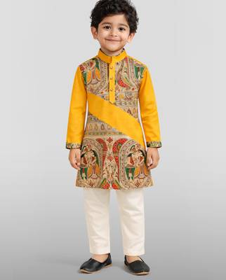 Boys yellow cotton printed kurta pyjama set 3