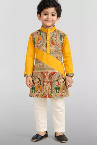 Boys yellow cotton printed kurta pyjama set
