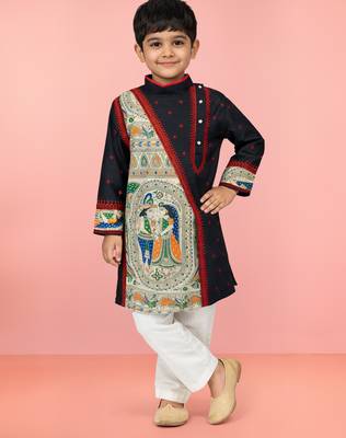 Boys black cotton embroidered kurta pyjama set 1