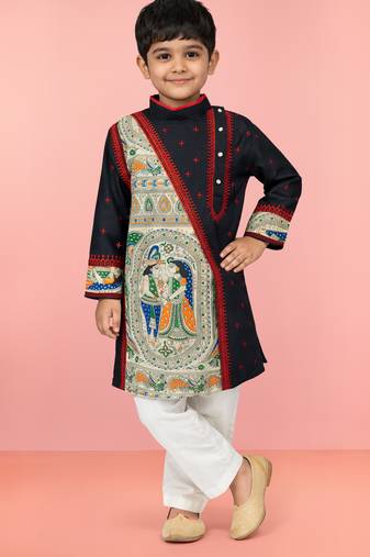 Boys black cotton embroidered kurta pyjama set