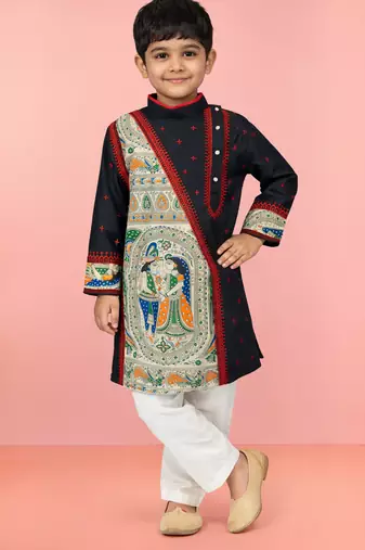 Boys black cotton embroidered kurta pyjama set