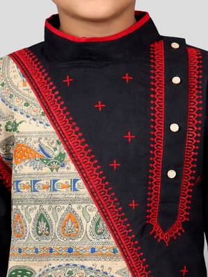 Boys black cotton embroidered kurta pyjama set 2