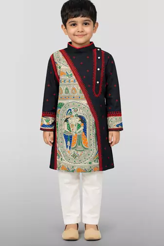 Boys black cotton embroidered kurta pyjama set