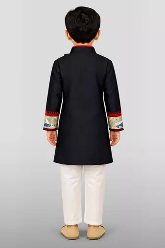 Boys black cotton embroidered kurta pyjama set