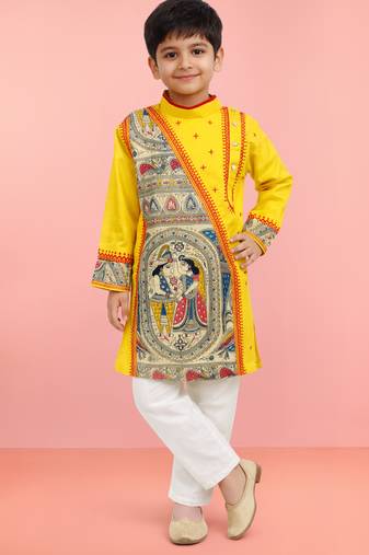 Boys yellow cotton embroidered kurta pyjama set