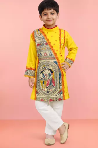 Boys yellow cotton embroidered kurta pyjama set