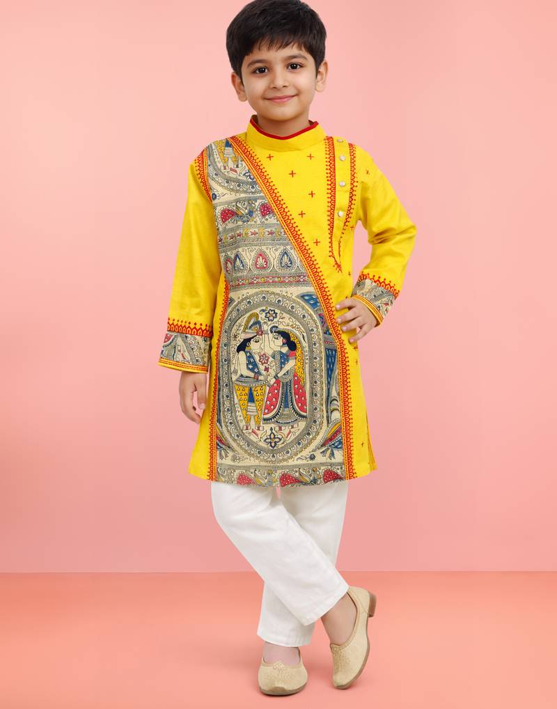 Boys yellow cotton embroidered kurta pyjama set