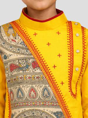 Boys yellow cotton embroidered kurta pyjama set 2
