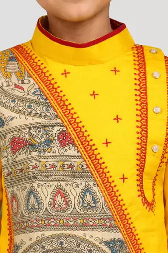 Boys yellow cotton embroidered kurta pyjama set