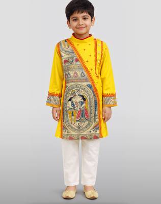 Boys yellow cotton embroidered kurta pyjama set 3