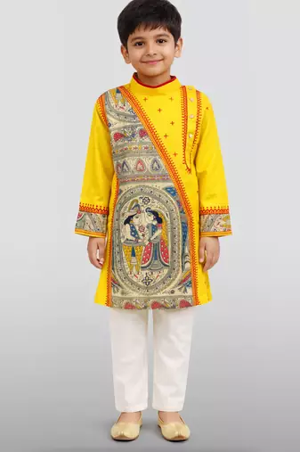 Boys yellow cotton embroidered kurta pyjama set
