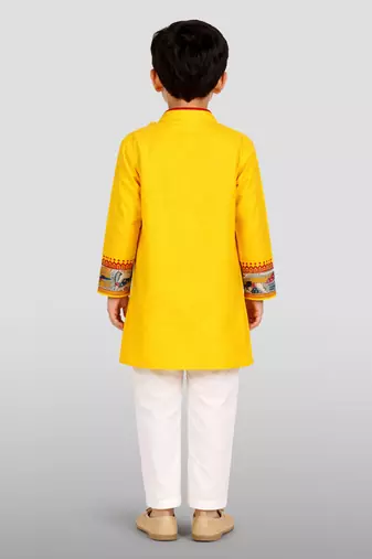 Boys yellow cotton embroidered kurta pyjama set