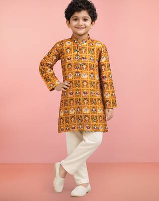 Boys yellow rayon patola printed kurta pyjama set 1