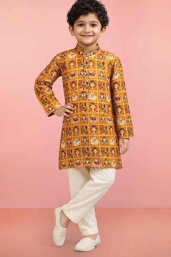 Boys yellow rayon patola printed kurta pyjama set