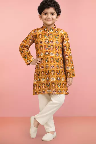 Boys yellow rayon patola printed kurta pyjama set