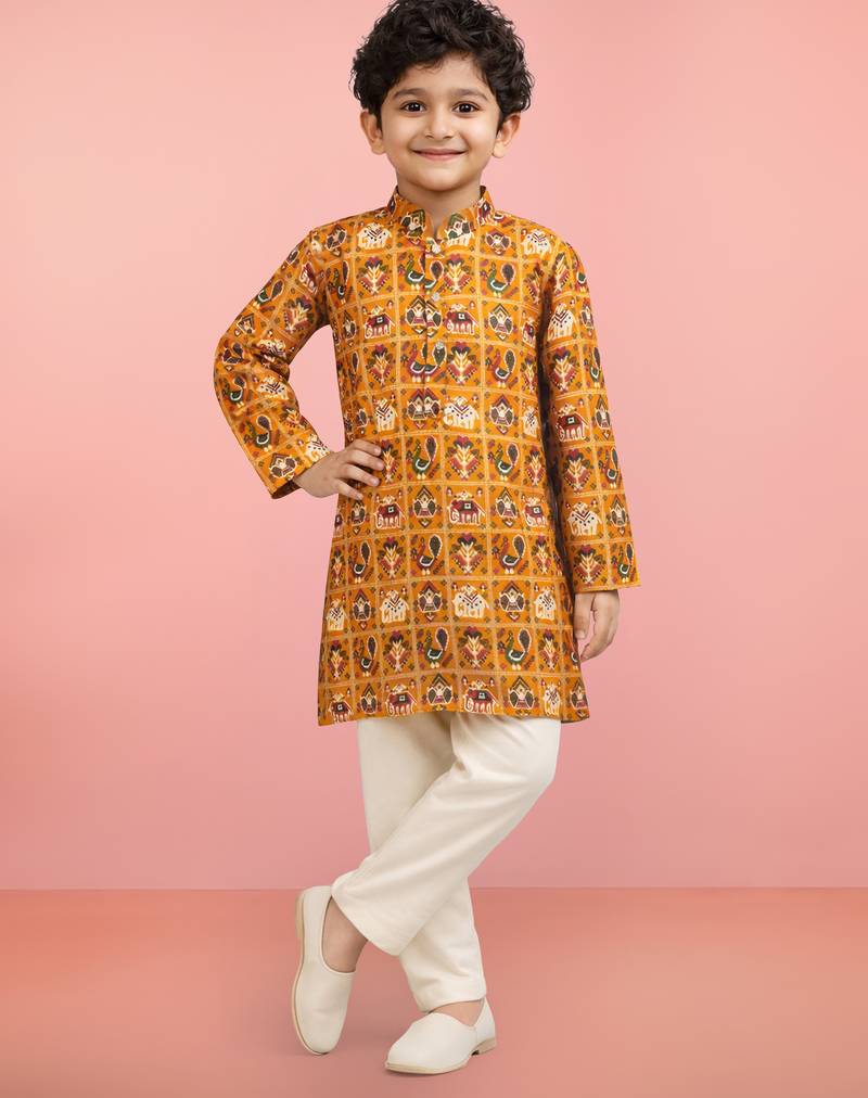Boys yellow rayon patola printed kurta pyjama set