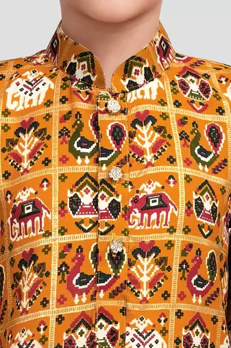 Boys yellow rayon patola printed kurta pyjama set