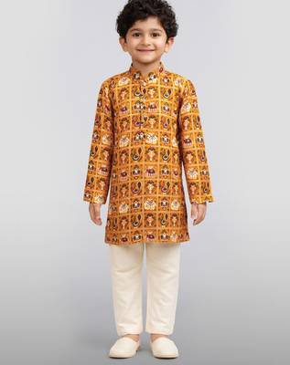 Boys yellow rayon patola printed kurta pyjama set 3