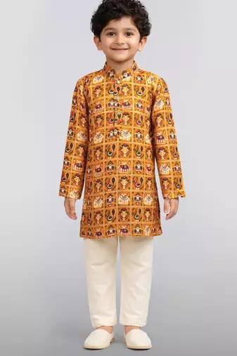 Boys yellow rayon patola printed kurta pyjama set