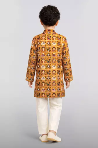 Boys yellow rayon patola printed kurta pyjama set