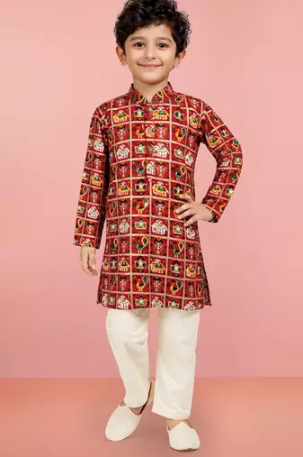 Boys red rayon patola printed kurta pyjama set