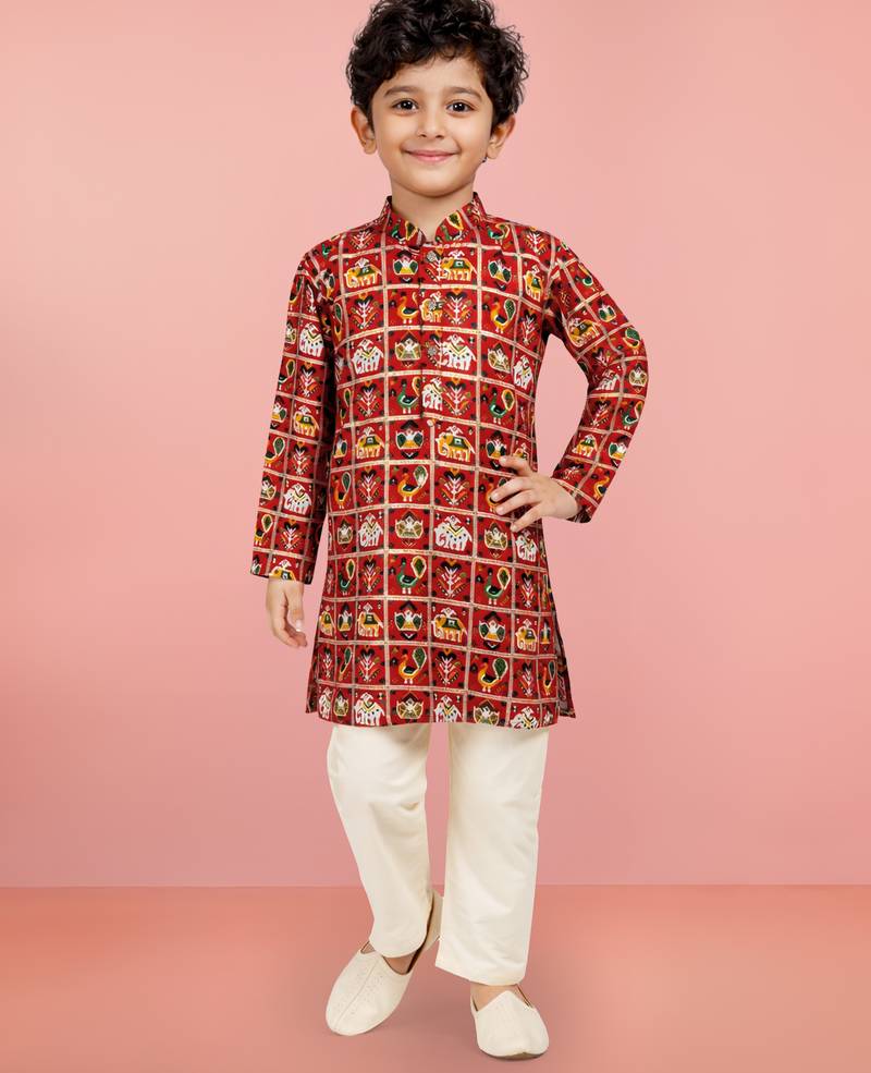 Boys red rayon patola printed kurta pyjama set