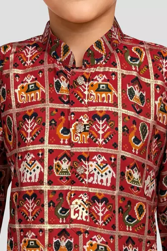 Boys red rayon patola printed kurta pyjama set
