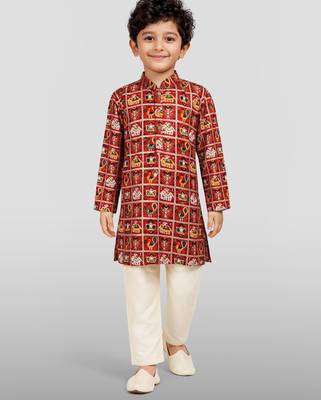 Boys red rayon patola printed kurta pyjama set 3