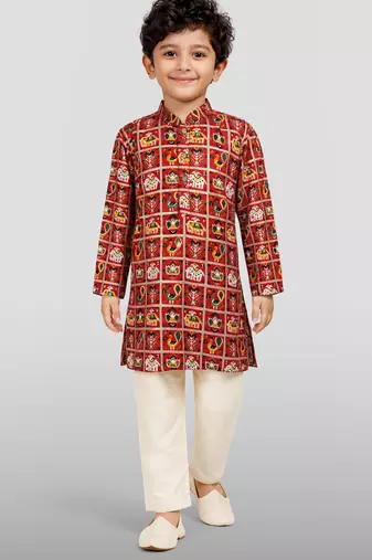 Boys red rayon patola printed kurta pyjama set