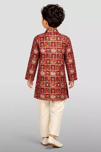 Boys red rayon patola printed kurta pyjama set