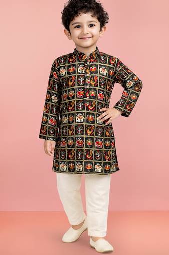 Boys blue rayon patola printed kurta pyjama set