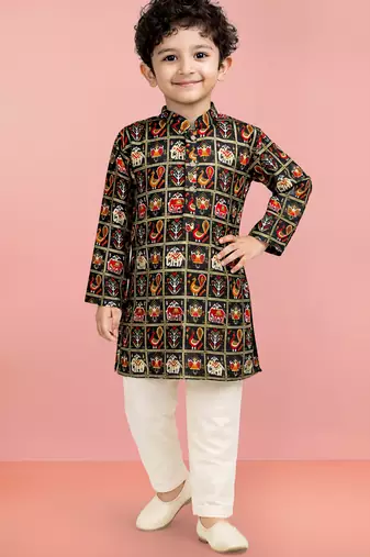 Boys blue rayon patola printed kurta pyjama set