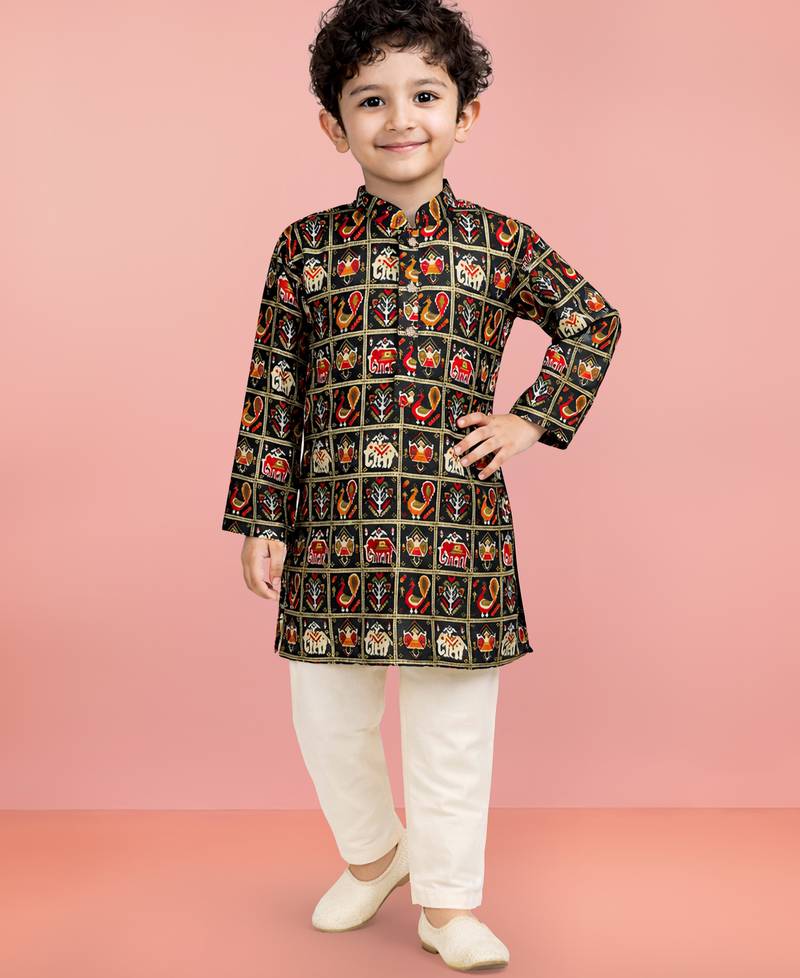 Boys blue rayon patola printed kurta pyjama set