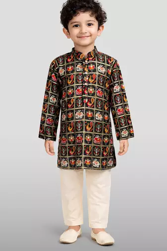 Boys blue rayon patola printed kurta pyjama set