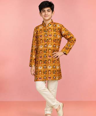 Boys yellow rayon patola printed kurta pyjama set 1