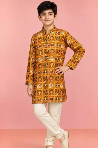 Boys yellow rayon patola printed kurta pyjama set