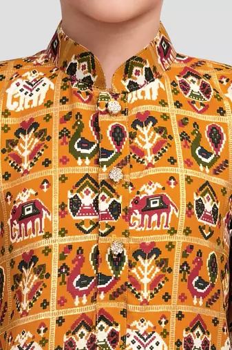 Boys yellow rayon patola printed kurta pyjama set
