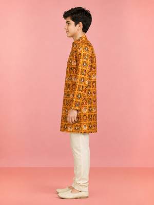 Boys yellow rayon patola printed kurta pyjama set 3