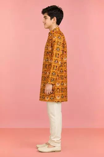 Boys yellow rayon patola printed kurta pyjama set